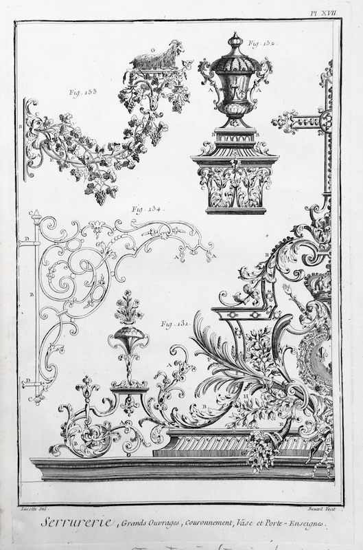 Forja - Serrurerie, Grands Ouvrages, Couronnement, Vase et Porte - Enseignes / Rejas, Decoracion - Pl. XVII